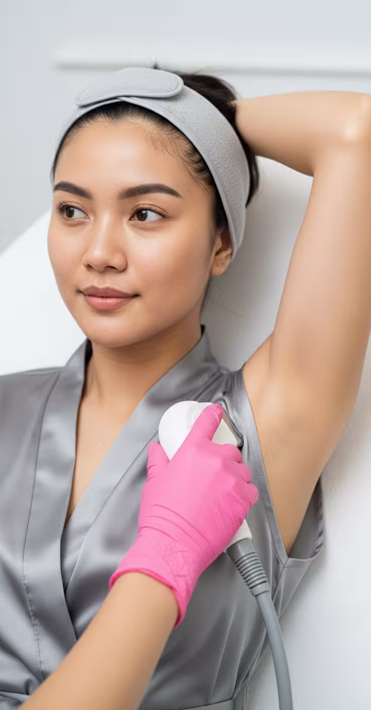 Clinician treating a client's underarm, client wearing a grey robe