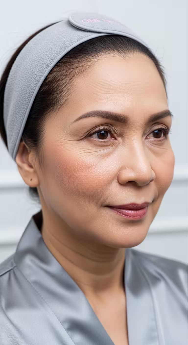 Woman in a headband facing the camera, cheeks and jawline in view