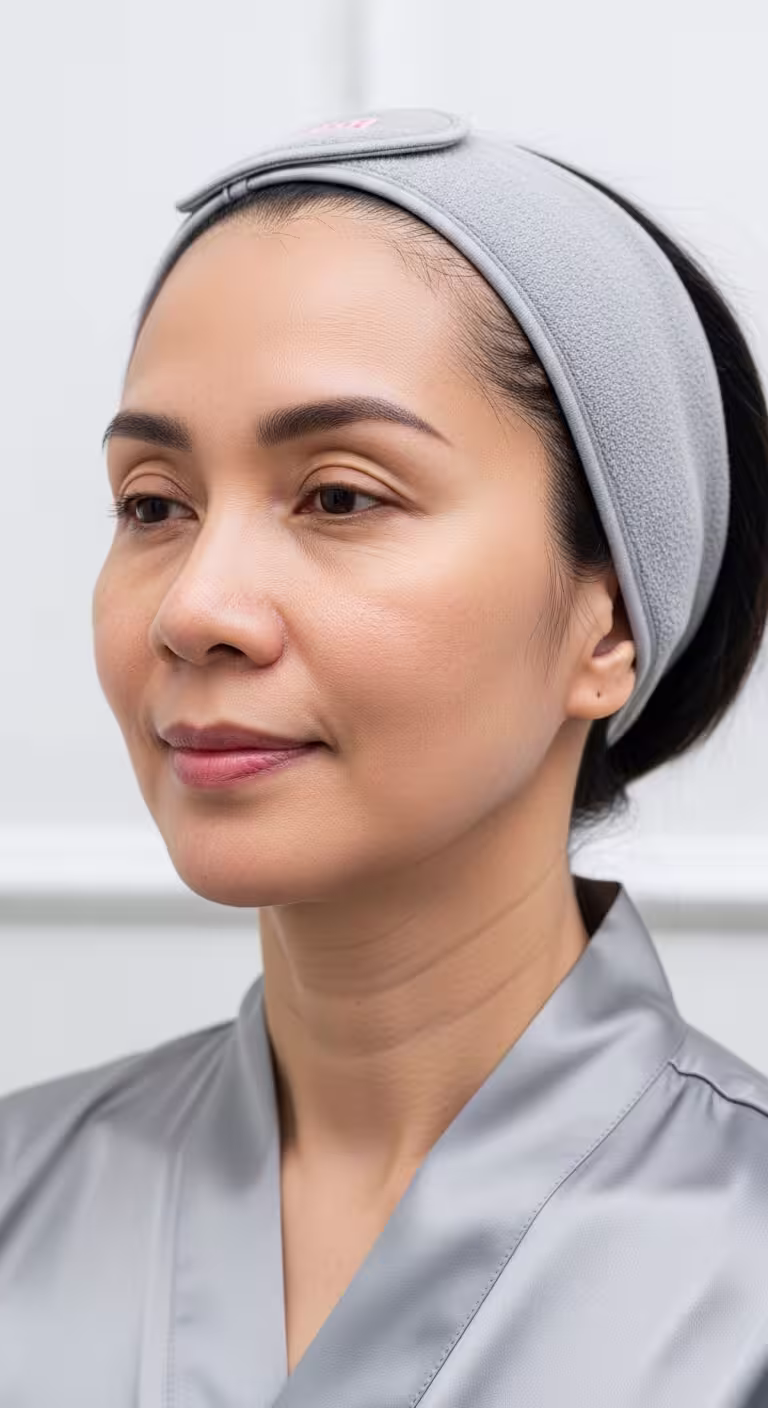 Woman in a headband, jawline and neck in view