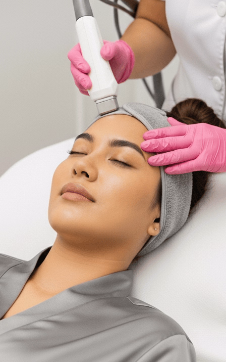 Picoglow laser applied to a client's forehead