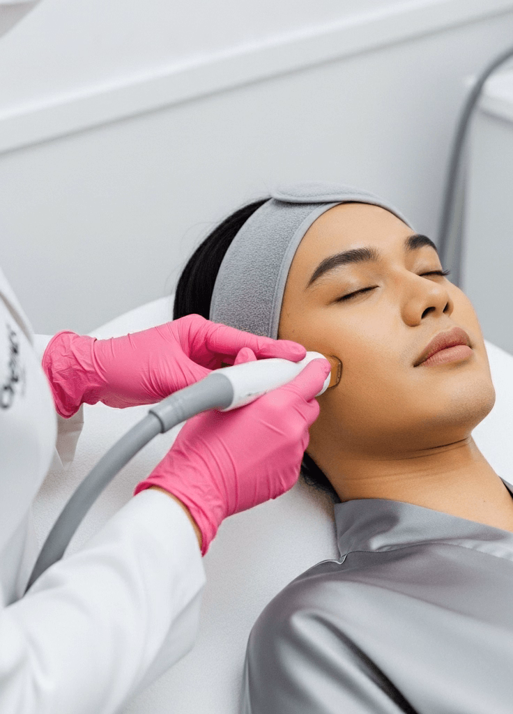 Handheld device applied to a client's cheek