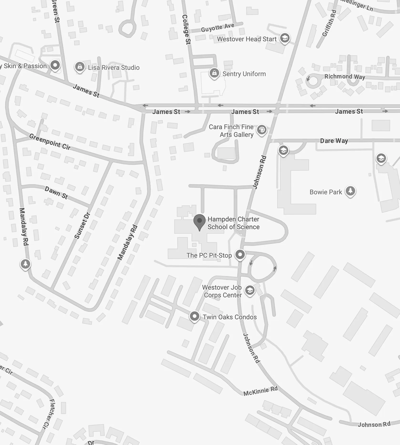 Map showing Hampden Charter School of Science, surrounding streets like James St, Johnson Rd, and nearby locations including Cara Finch Fine Arts Gallery, Bowie Park, and Twin Oaks Condos.