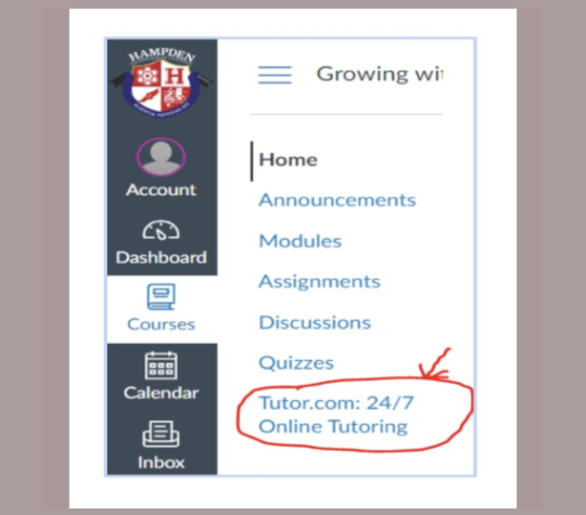 Screenshot of an educational website menu with icons for Account, Dashboard, Courses, Calendar, and Inbox, showing navigation links including Announcements, Modules, Assignments, Discussions, Quizzes, and a circled note for Tutor.com 24/7 Online Tutoring.
