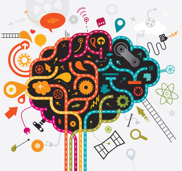 Colorful abstract illustration of a brain composed of interconnected gears, arrows, pathways, and tech symbols representing ideas and innovation.