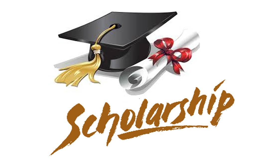 Black graduation cap with gold tassel and rolled diploma tied with red ribbon above the word 'Scholarship' in stylized brown text.