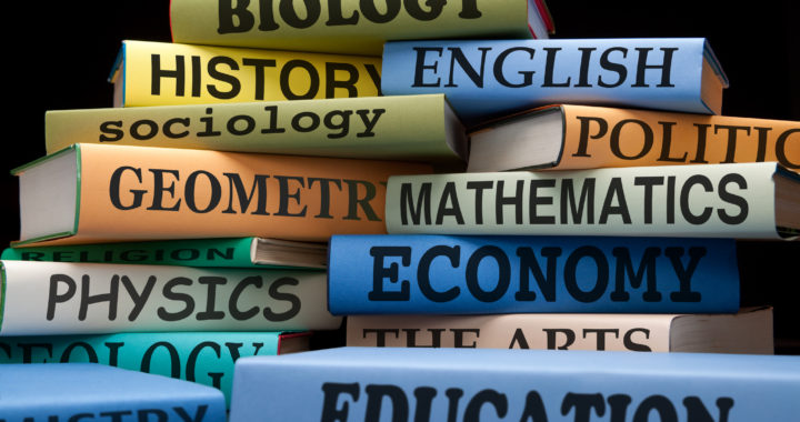 Stack of colorful books with titles of various academic subjects including biology, history, English, sociology, politics, geometry, mathematics, economy, physics, theology, the arts, and education.