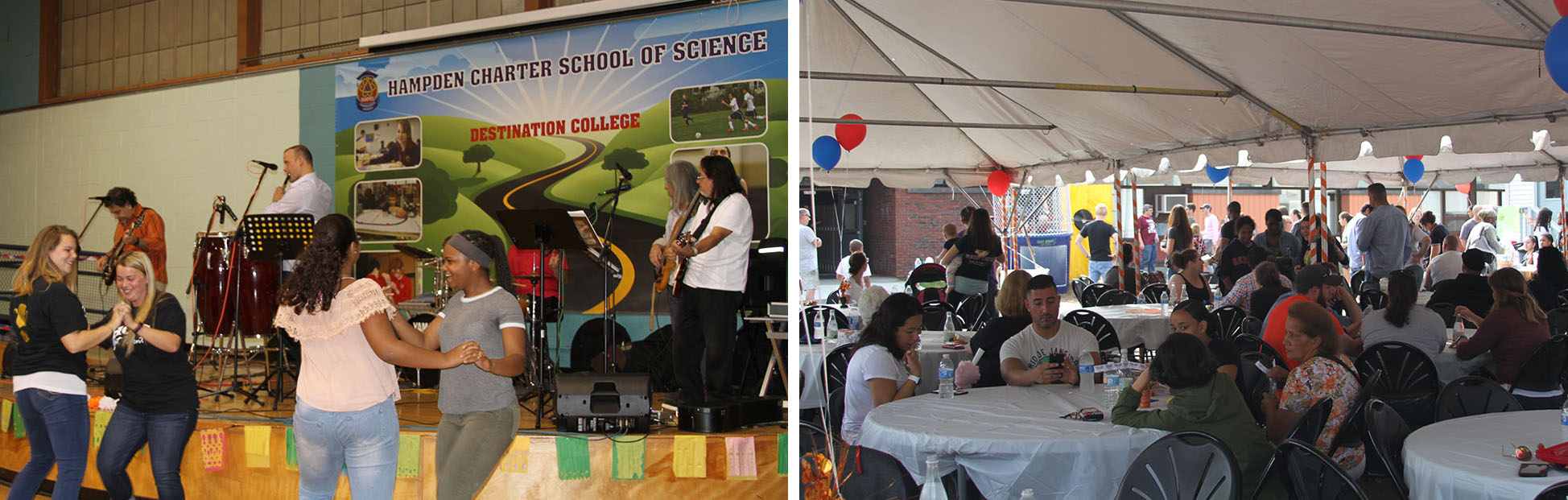 People dancing near a live band performing on stage with a banner reading 'Hampden Charter School of Science,' and a crowd seated under a tent at a community event.
