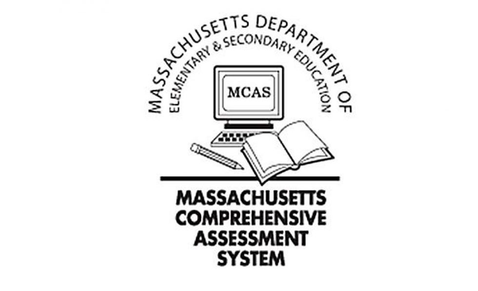 Logo of Massachusetts Department of Elementary & Secondary Education with a computer labeled MCAS, a pencil, and an open book, above the text Massachusetts Comprehensive Assessment System.