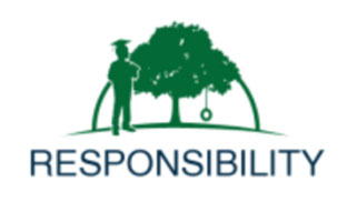 Green silhouette of a graduate standing next to a tree with a tire swing and the word RESPONSIBILITY below.