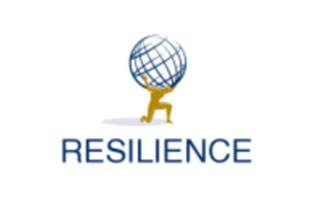 Illustration of a golden figure carrying a large blue globe with grid lines above the word 'RESILIENCE'.