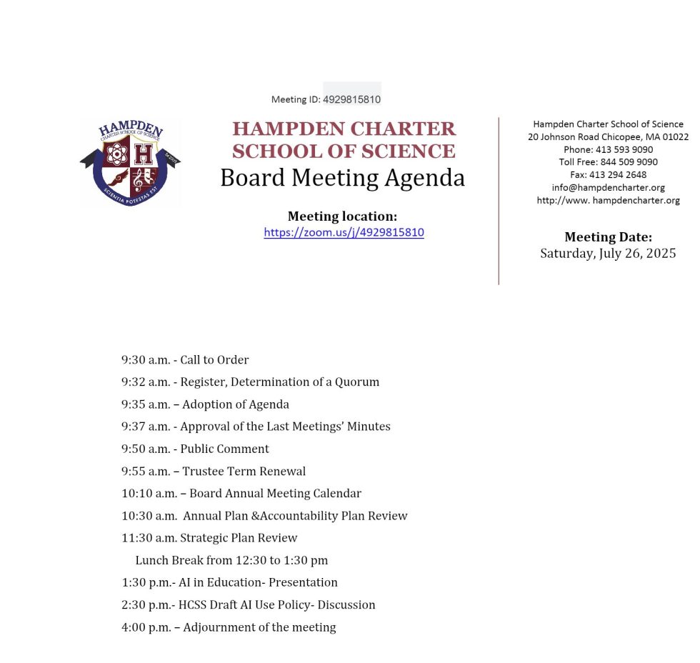 Agenda for Hampden Charter School of Science board meeting on July 26, 2025, listing timings for call to order, adoption of agenda, trustee renewal, AI in education presentation, and meeting adjournment.
