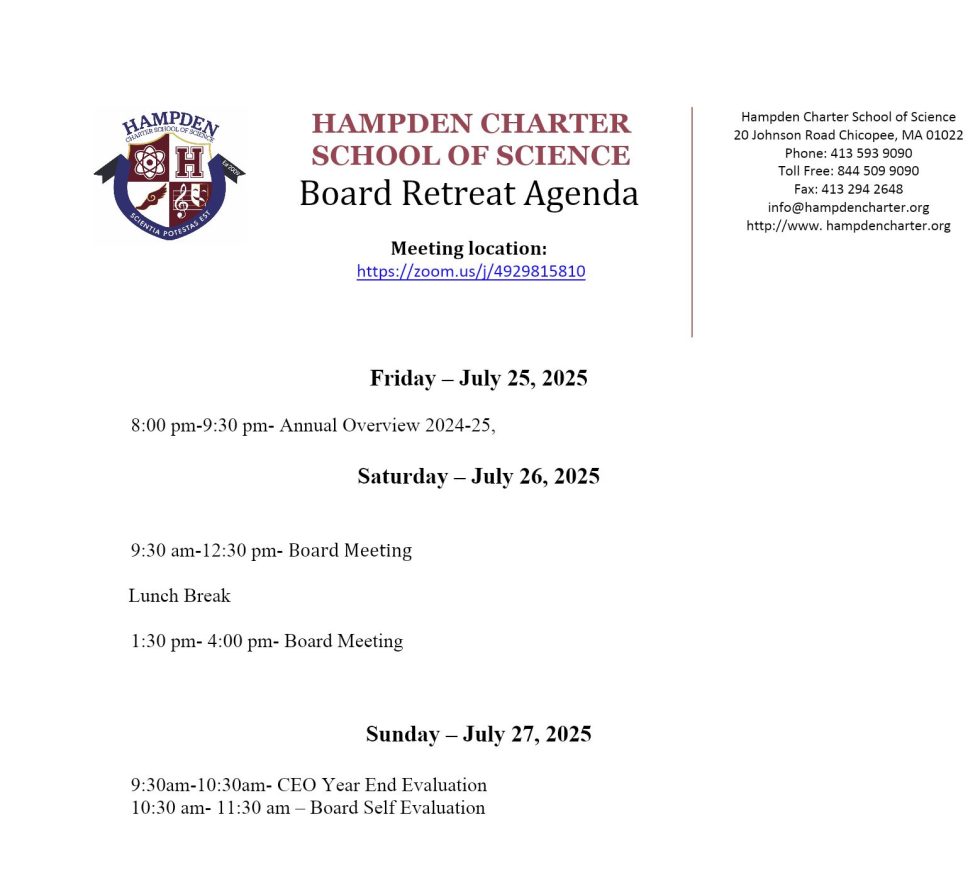 Hampden Charter School of Science Board Retreat Agenda with meeting dates and times from July 25 to July 27, 2025, including board meetings, lunch break, and evaluations, plus contact information and online meeting link.