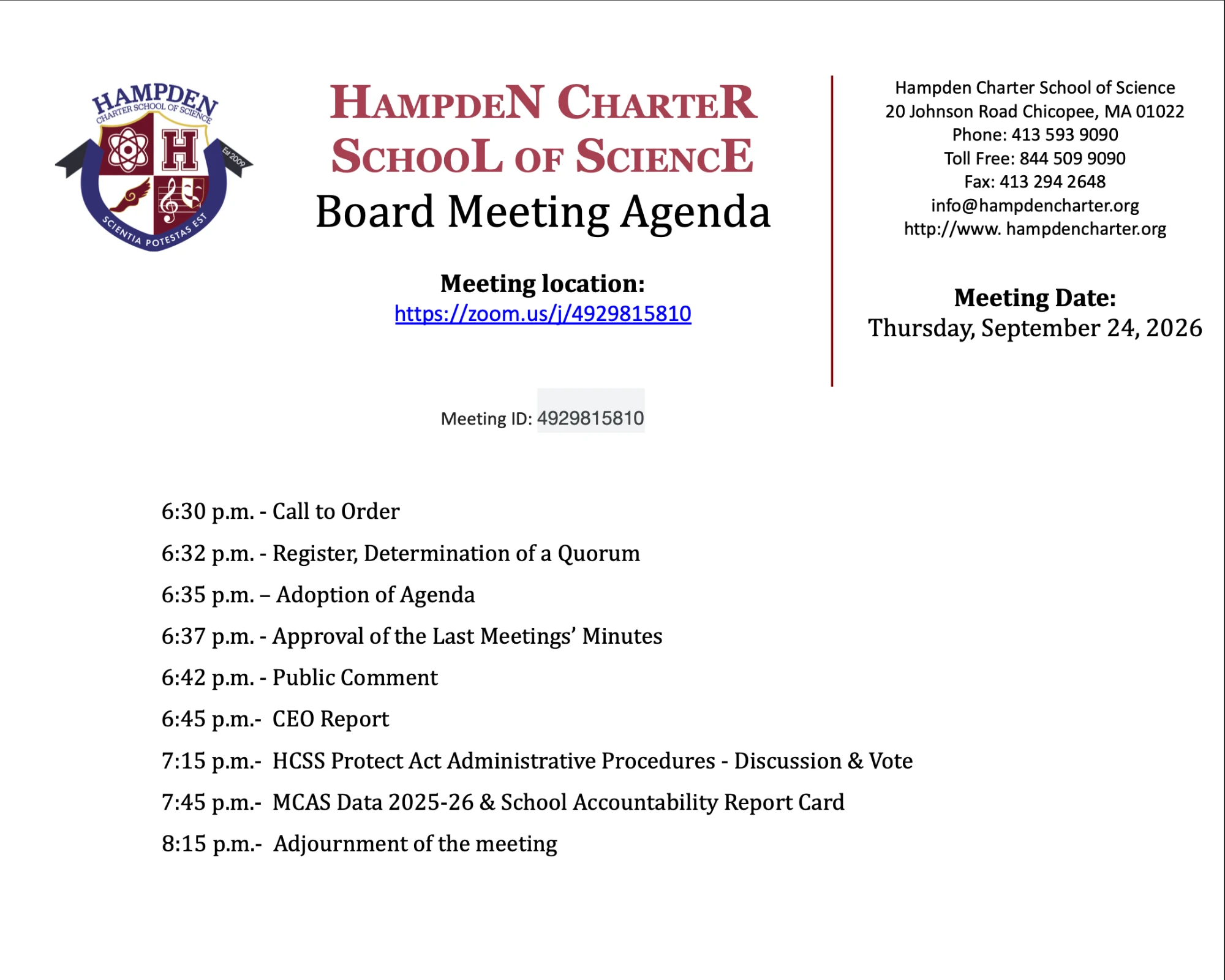 HCSS Board of Trustees meeting agenda, Thursday, September 24, 2026