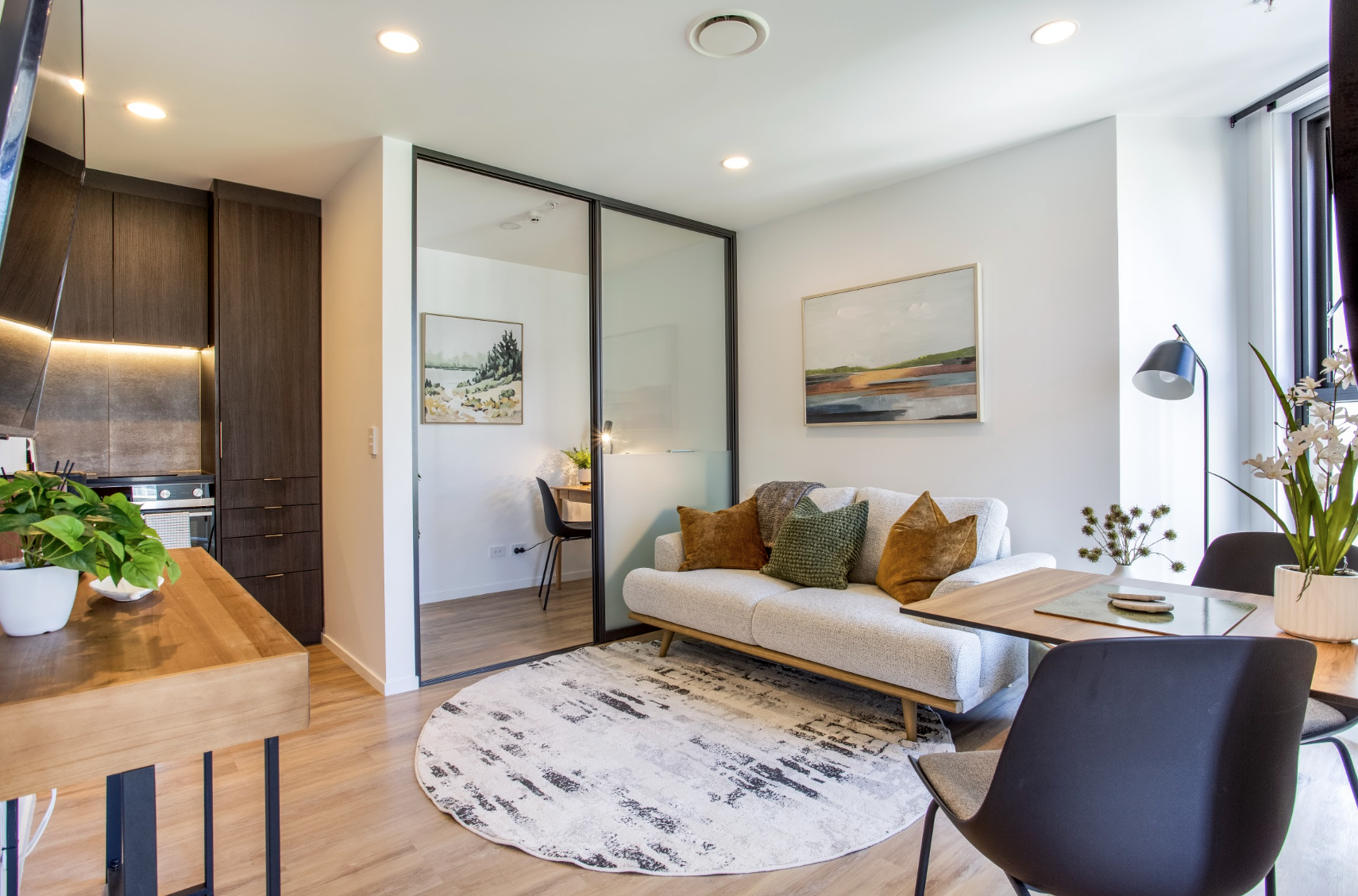 Main image alt text Designer living area at Honeycomb by Homello in Auckland CBD