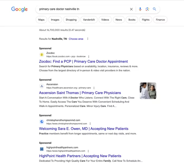 Google search for "Primary care doctor nashville tn"