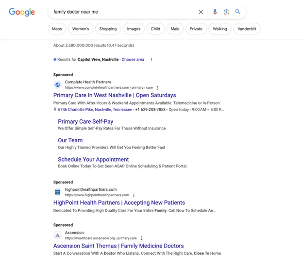 Paid advertising Google search of "family doctor near me"