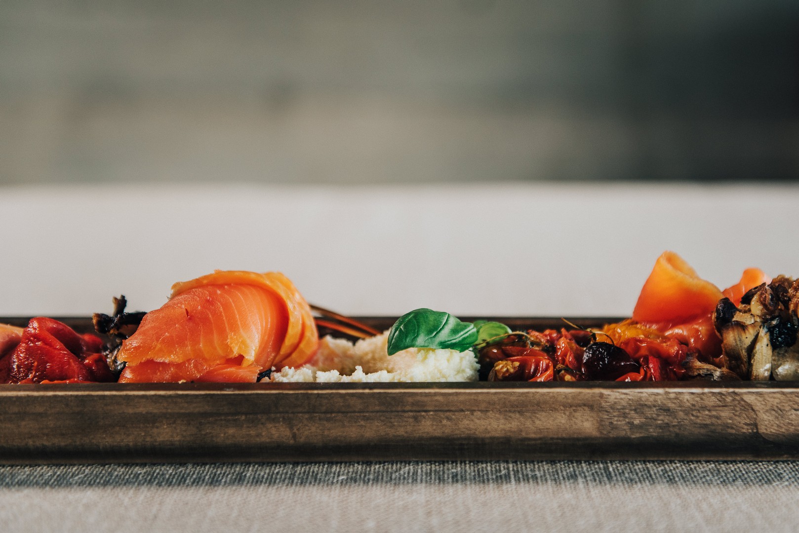 Our antipasto platter with roasted vegetables & Aoraki smoked salmon