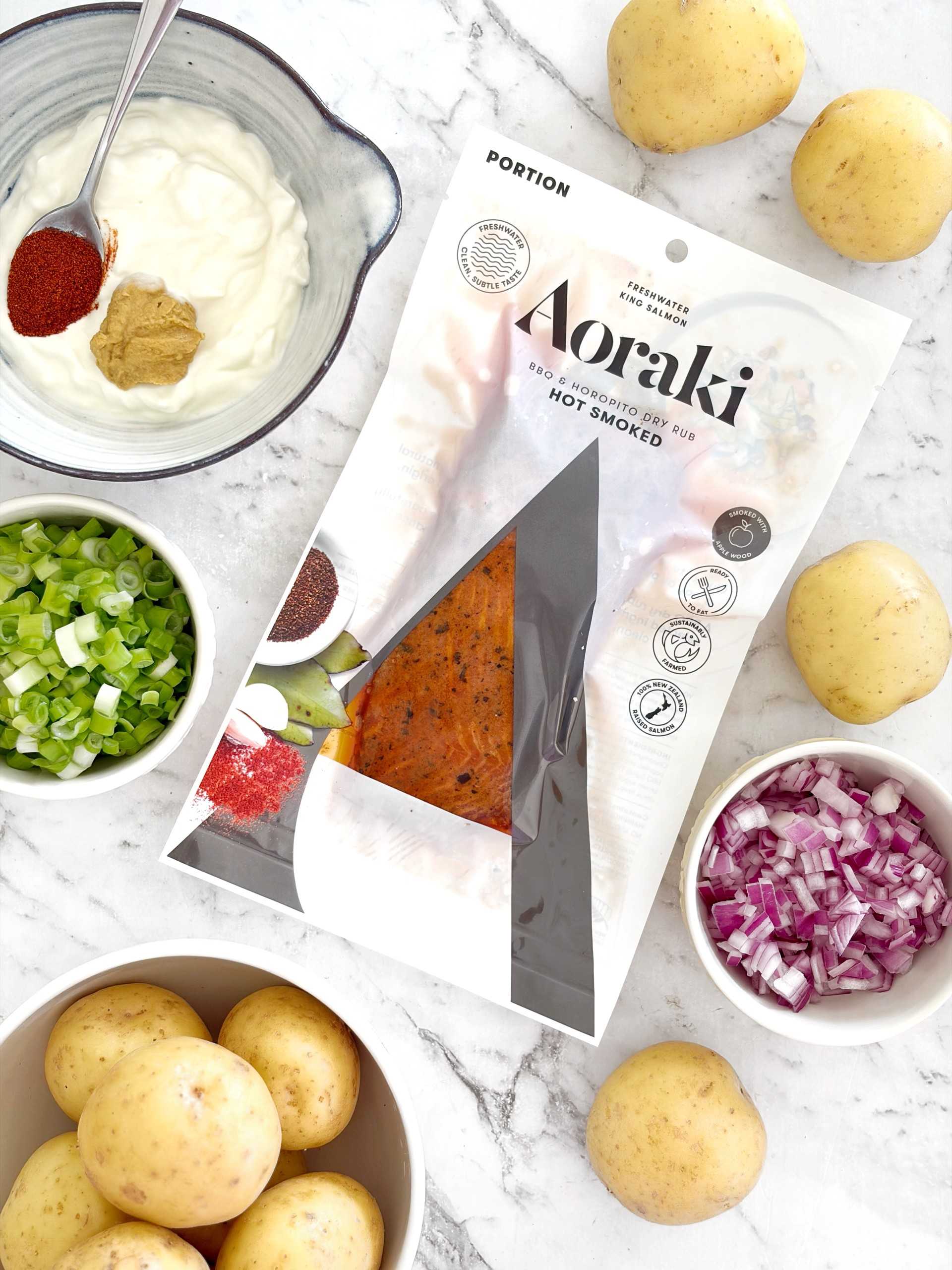 Ingredients for Aoraki Smoky Salmon Potato Salad 