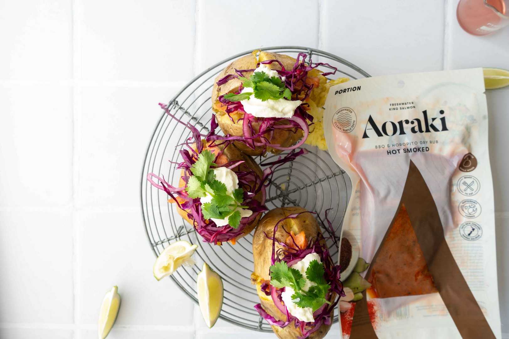baked potato topped with tender, smoked salmon seasoned with Aoraki BBQ and horopito.