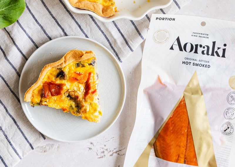 Golden mushroom and Aoraki smoked salmon quiche with a flaky pastry crust