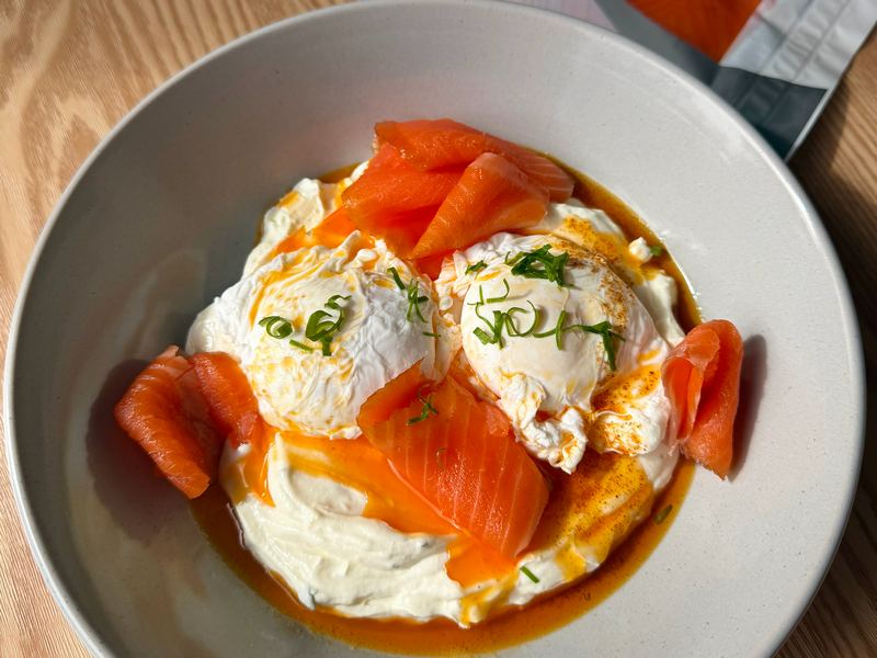 Turkish eggs with Aoraki Original Cold Smoked Salmon and garlic yoghurt