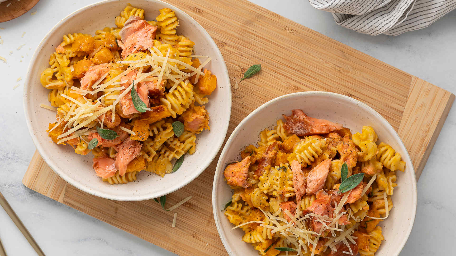Creamy butternut pumpkin pasta with hot smoked salmon
