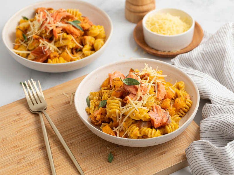Aoraki Pōhutukawa Hot Smoked Salmon pasta with creamy pumpkin sauce