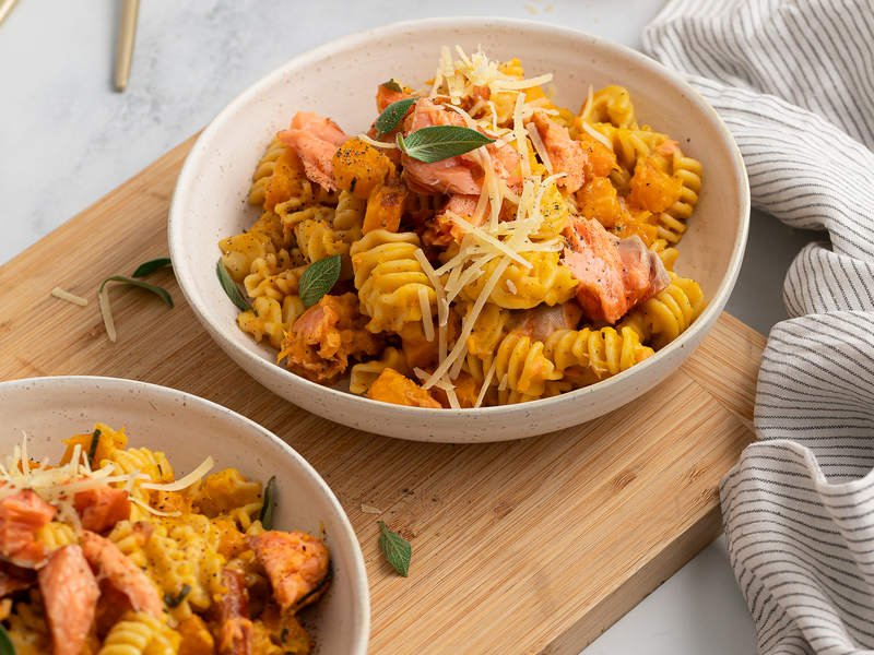 Orecchiette pasta with butternut pumpkin and flaked hot smoked salmon