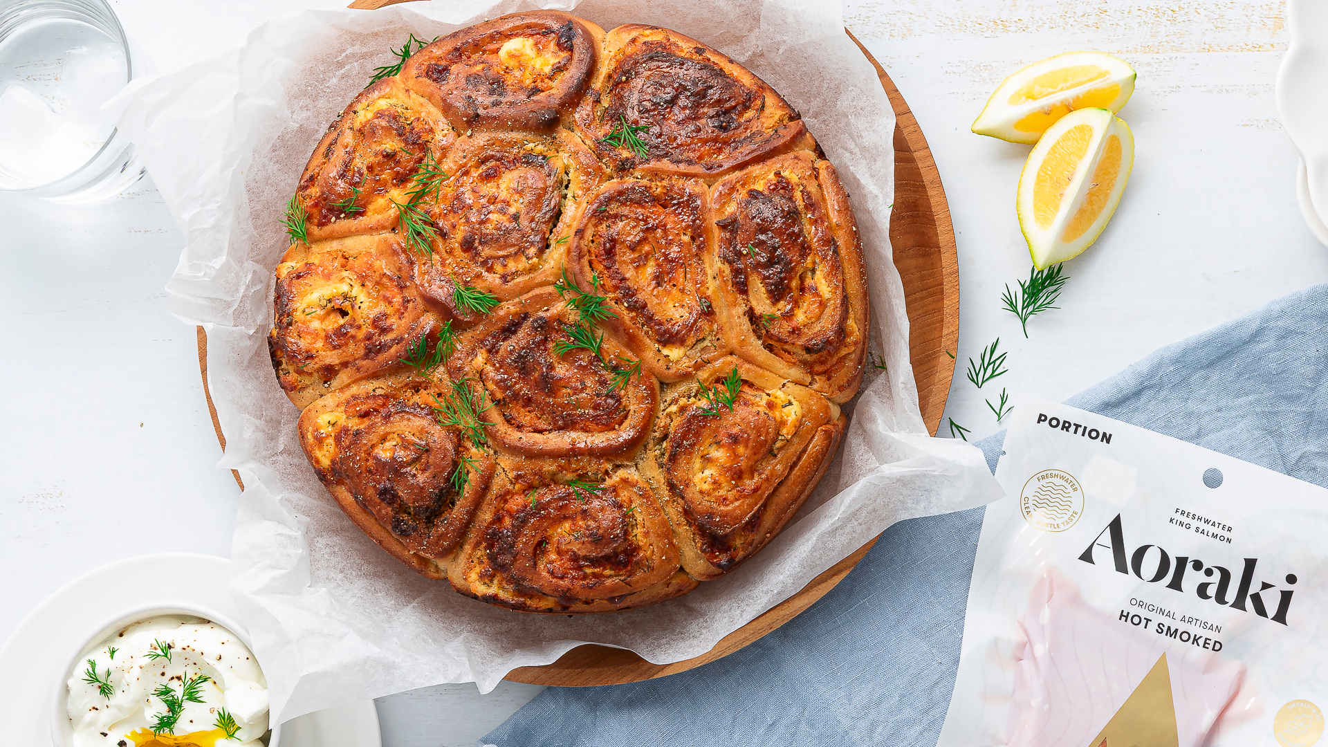 Golden smoked salmon pull-apart pinwheel bread with melted cheese