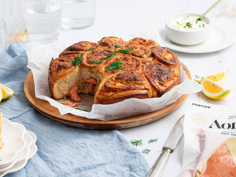 Hot smoked salmon pinwheel bread fresh from the oven