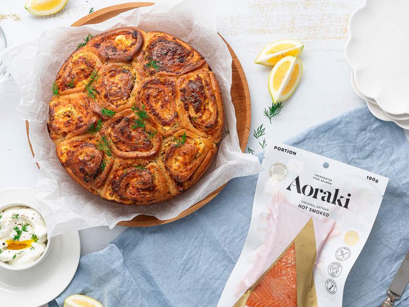 Pull-apart smoked salmon pinwheels with creamy cheese, herbs and mozzarella