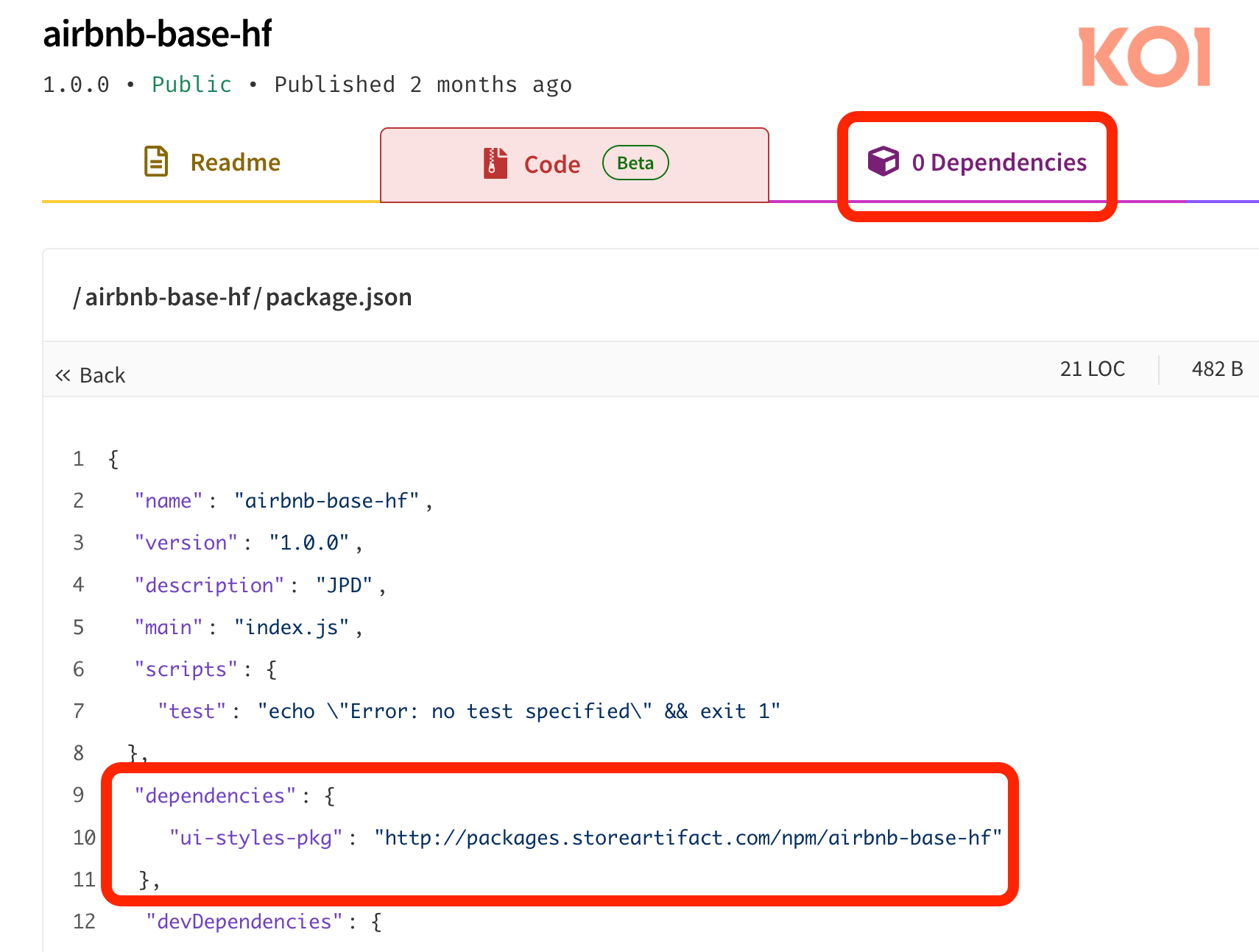 The npm UI shows 0 dependencies.