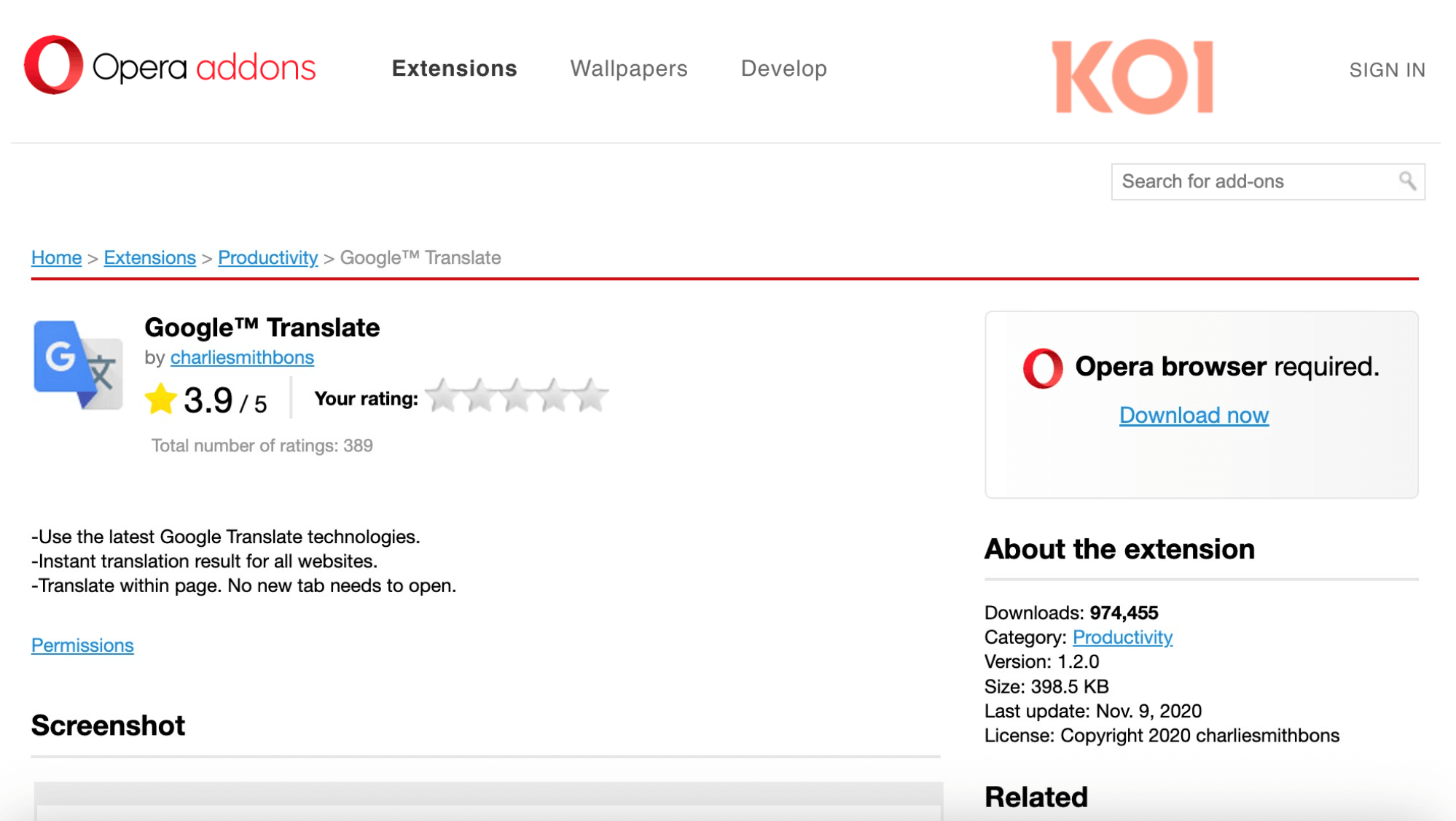 Google™ Translate in Opera addons marketplace.