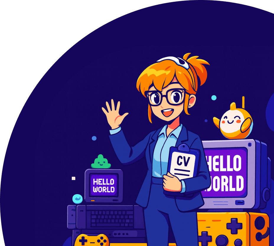 Cartoon woman with orange hair, glasses, and business suit holding a CV clipboard and waving, standing in front of retro computer screens displaying 'HELLO WORLD' and gaming controllers.