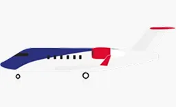 Abbildung eines medizinischen Flugzeugs vom Typ Challenger 605, weiß mit blauen und roten Details.