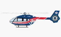 Airbus H145 D3 medizinischer Hubschrauber, weiß und blau mit rotem Kreuz.