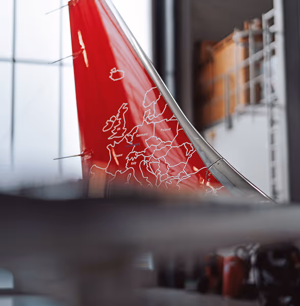 La nageoire caudale de l'avion est peinte en rouge avec une carte blanche de l'Europe montrant les noms de pays, notamment l'Allemagne, la Finlande et l'Italie.