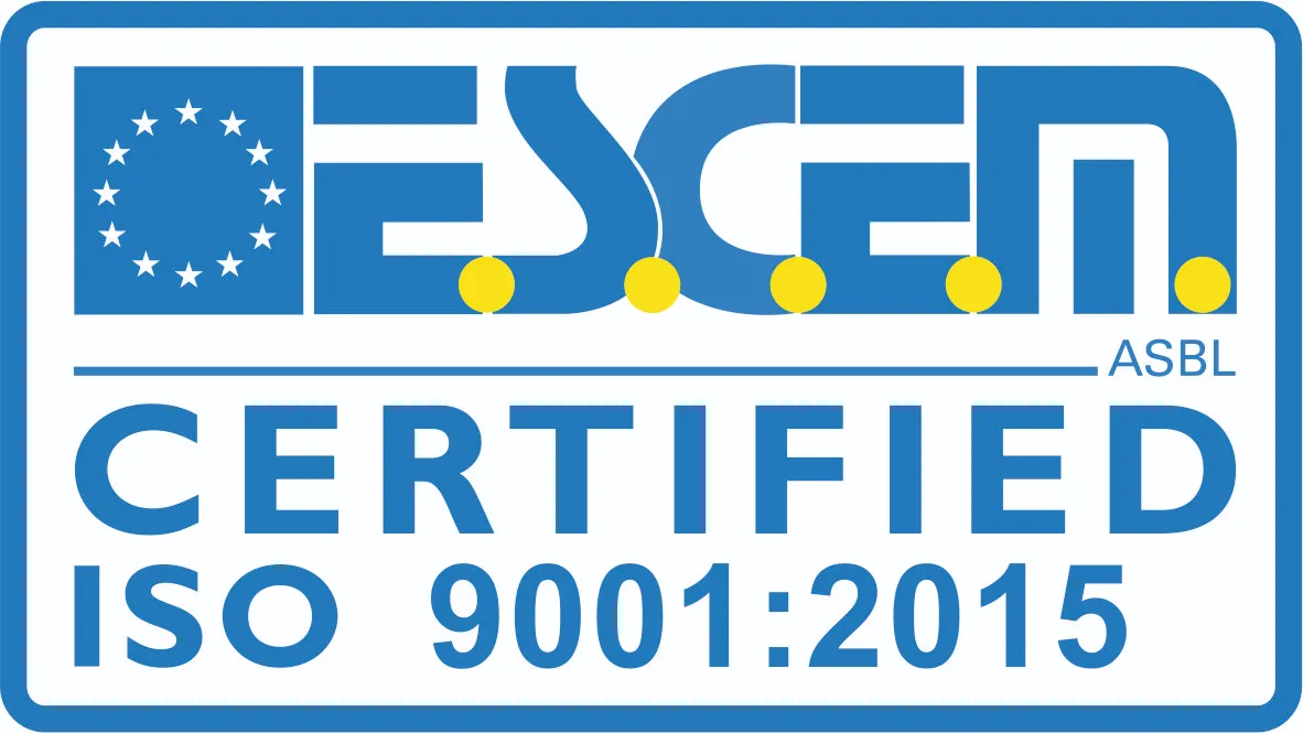 ESCM ASBL certified ISO 9001:2015 logo with blue and yellow design.