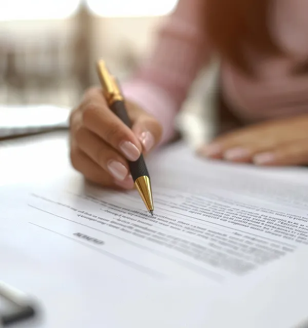 Gros plan d'une main tenant un stylo noir et doré posé sur un document à signer.