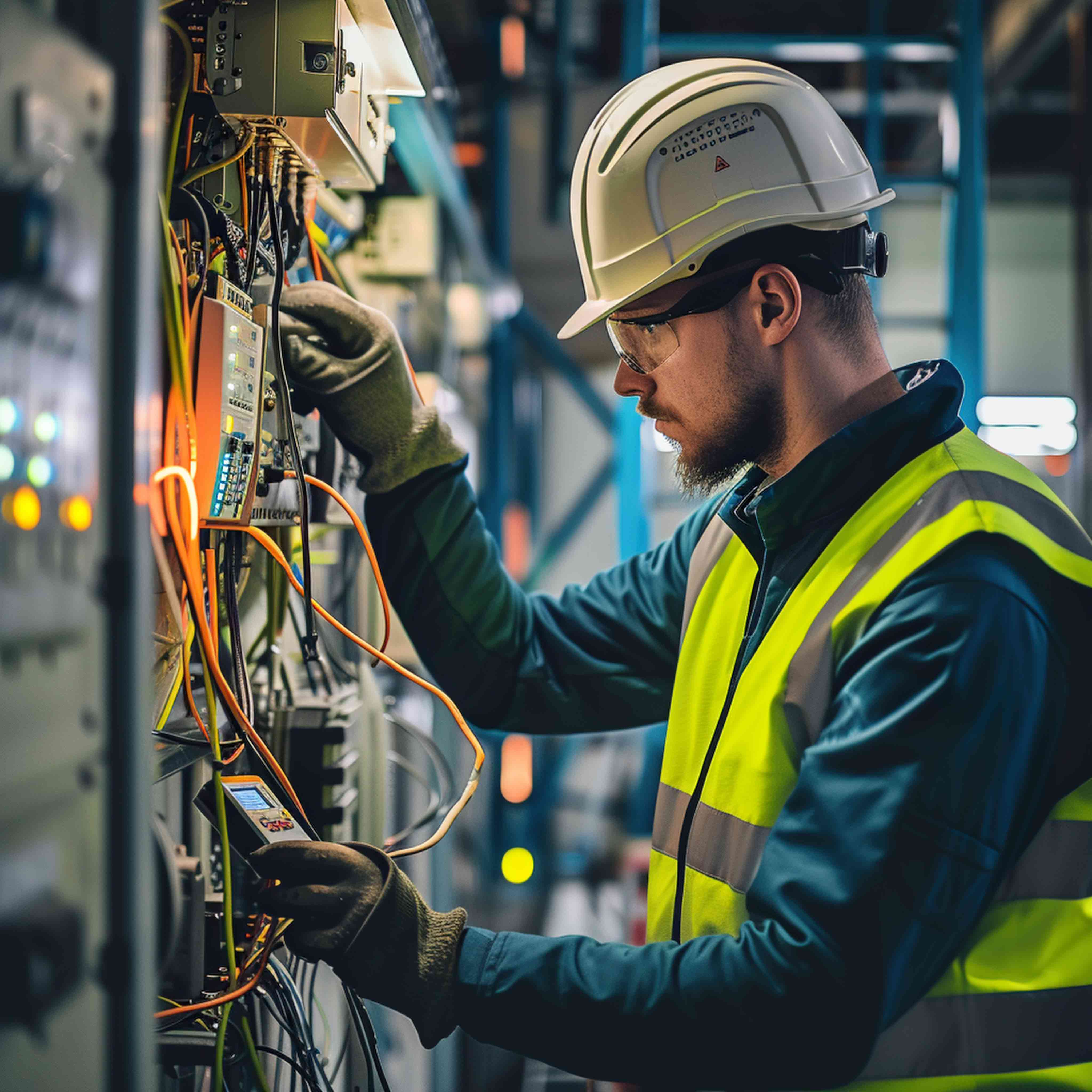 Technicien télécom inspectant câblage – signalétique technique pour télécommunications HD Signalétique