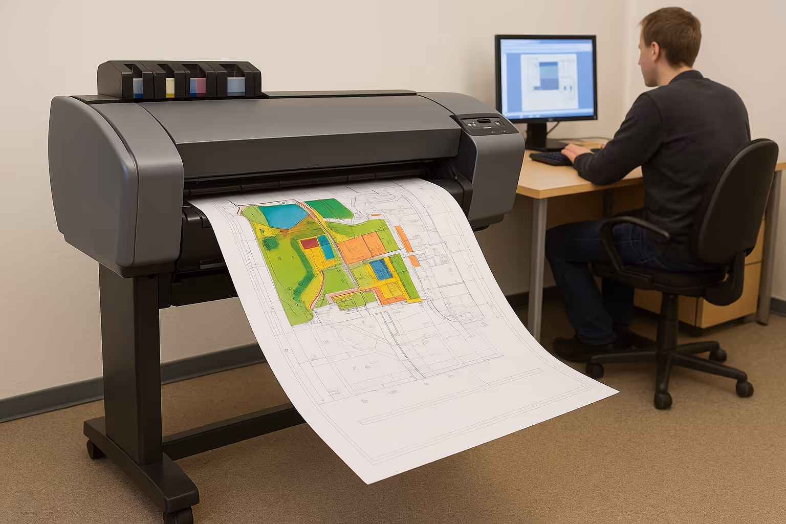 Imprimante grand format en fonctionnement pour imprimer un grand plan. Personne travaillant sur un ordinateur à côté.