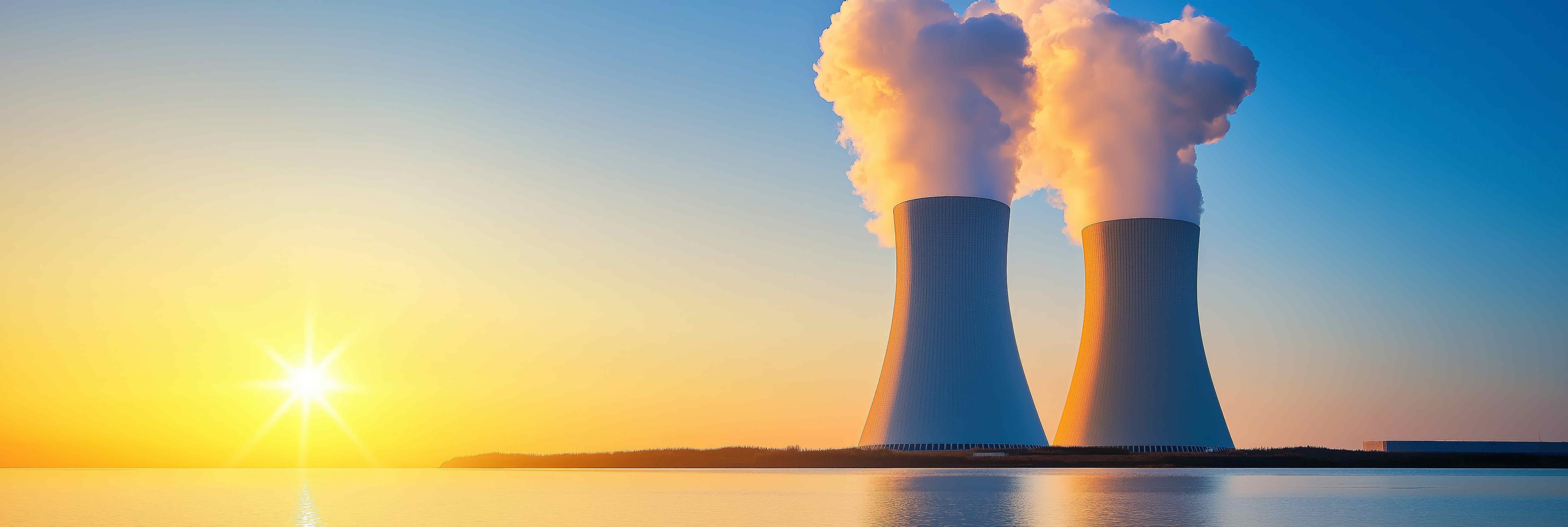 Centrale nucléaire avec deux tours de refroidissement dégageant de la vapeur sous un ciel ensoleillé.