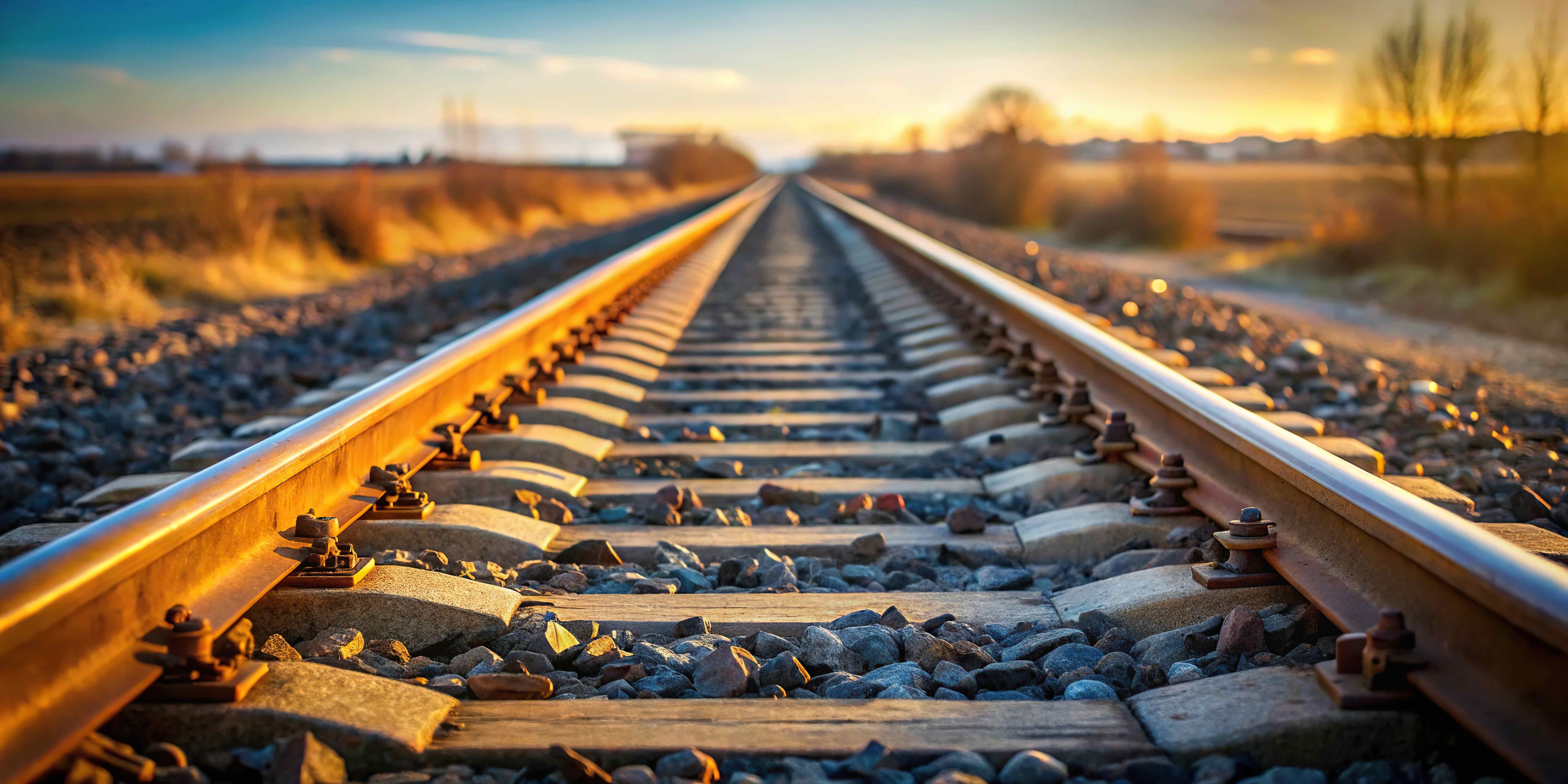 Voie ferrée en perspective au coucher du soleil avec ballast en pierre et rails métalliques.