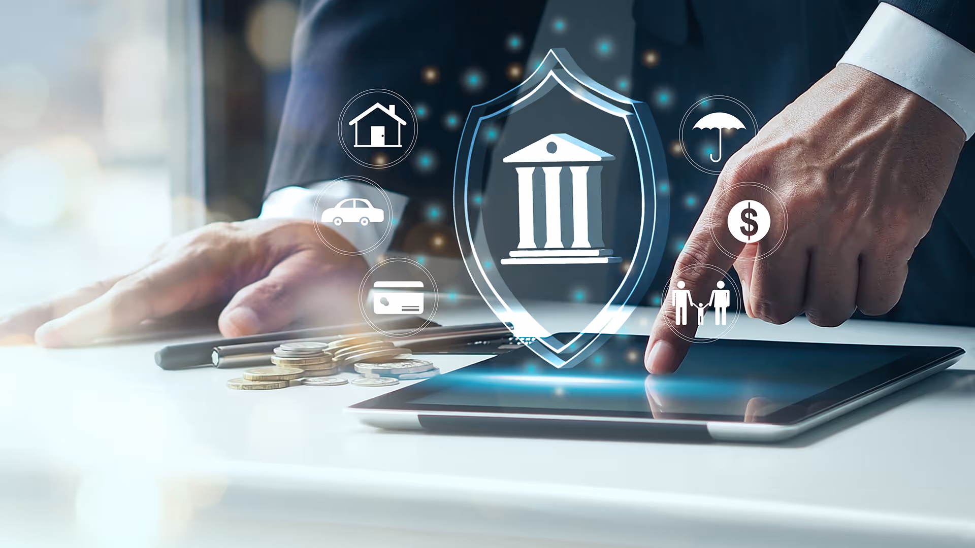 Bank symbol surrounded by insurance icons floating above a tablet
