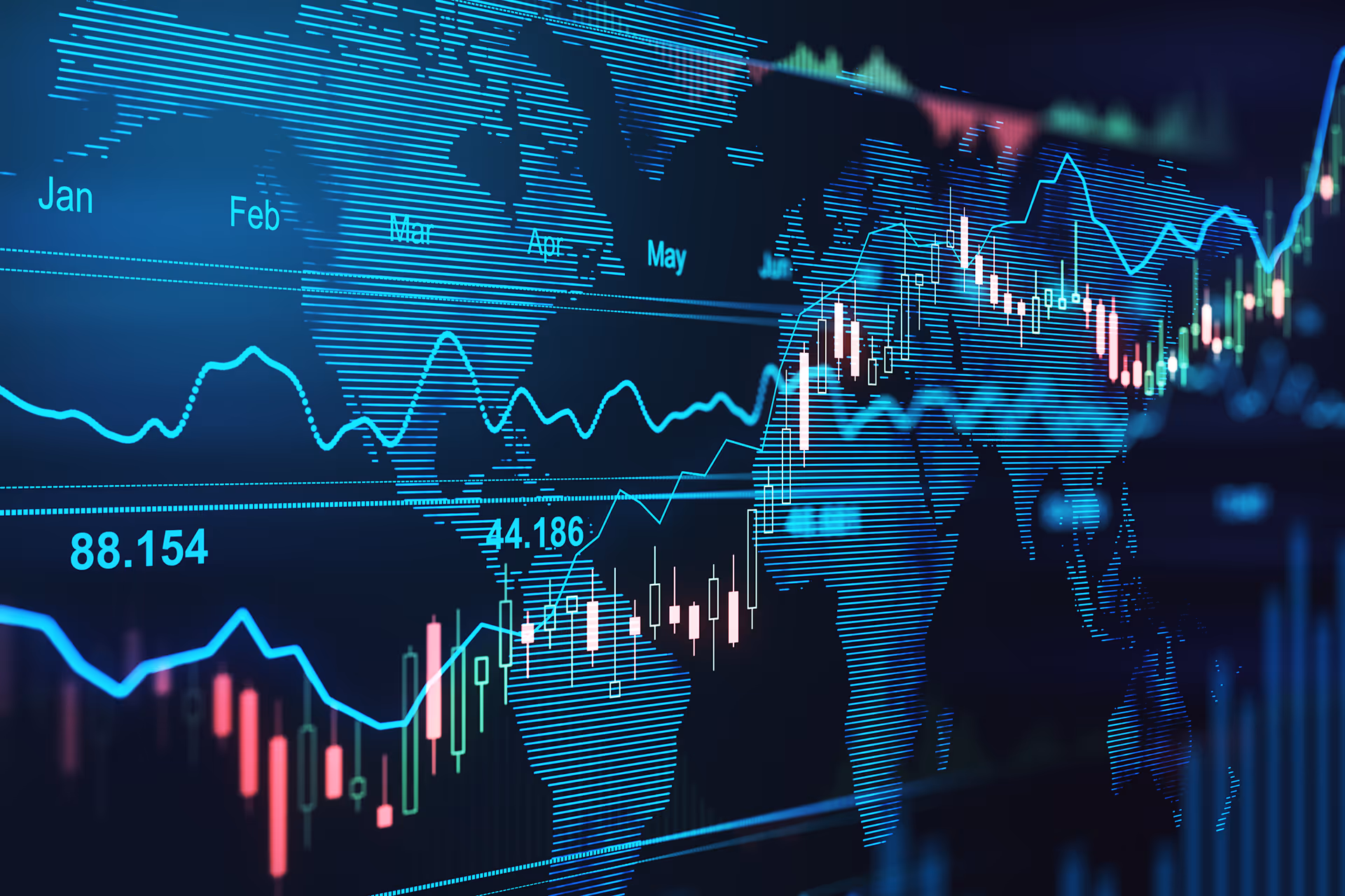 A stock line graph overlaid on a holographic world map
