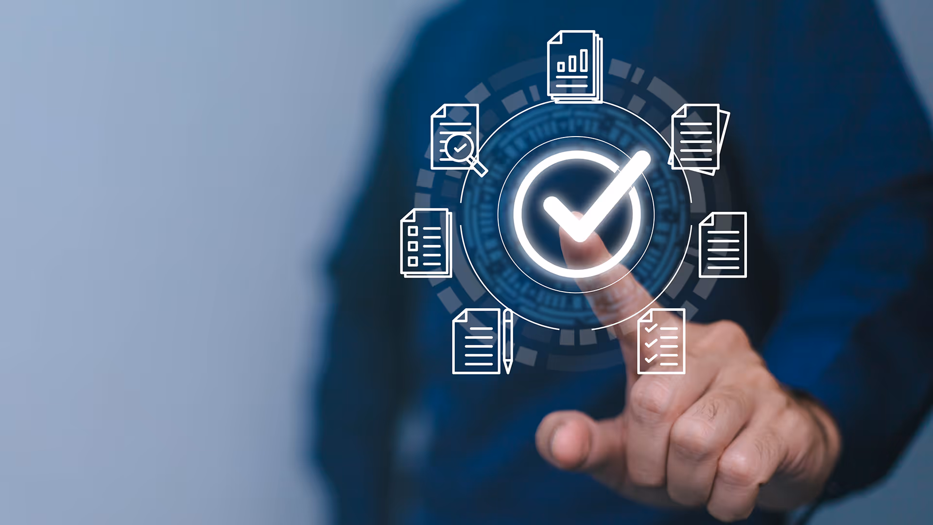 Pressing a holographic tick surrounded by document icons