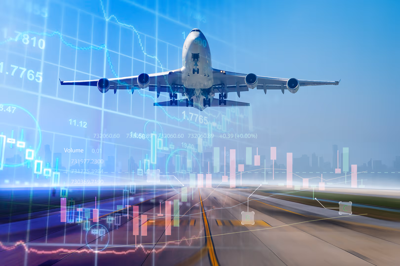Plane landing on a runway with a finance chart overlaid