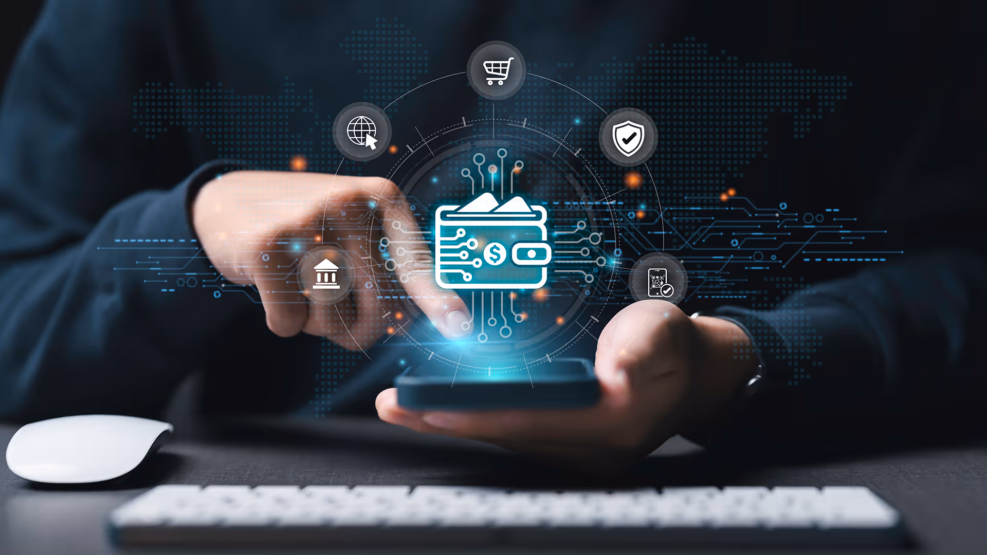 Holographic wallet icon overlaid above a man making an online payment
