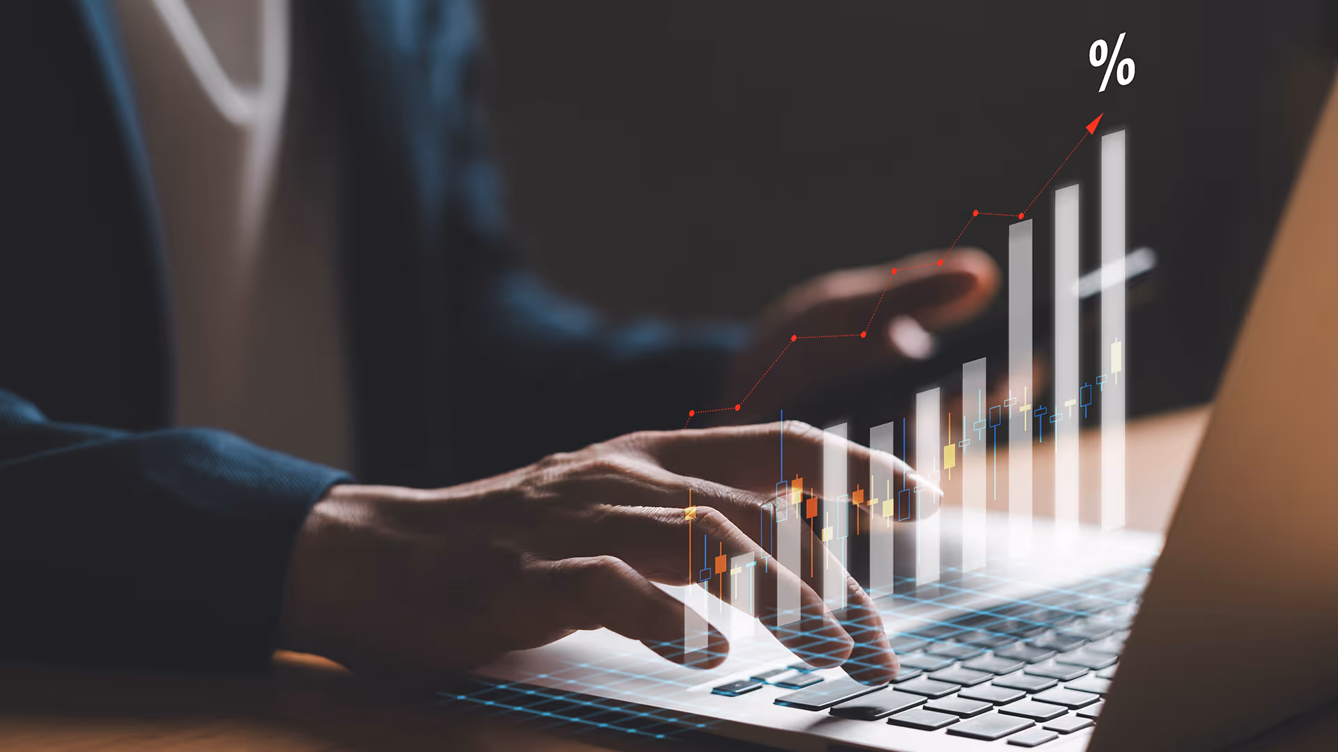 Bar chart rising above a person using a laptop, representing market distortion and rising levels of risk