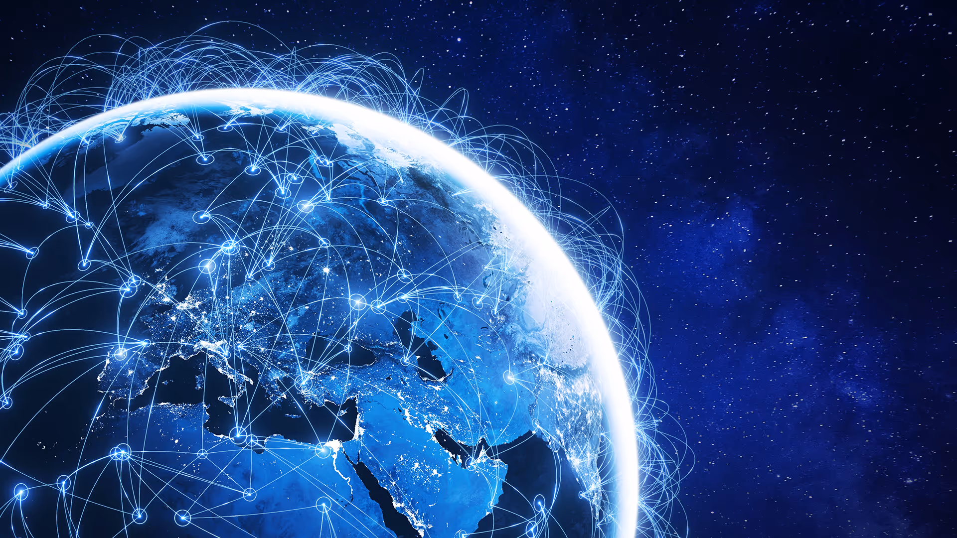 Holographic connections linked together over a globe, representing travel risk